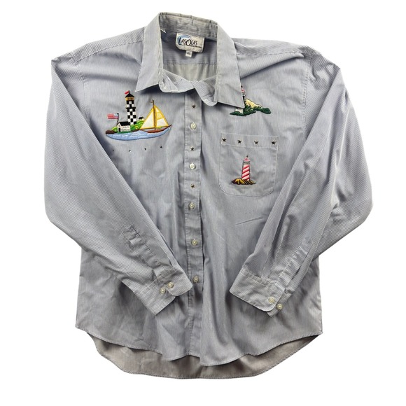 Las Olas by Oved International Tops - Nautical Lighthouse Embroidered Shirt XL Blue Stripe Coastal Button Up Resort